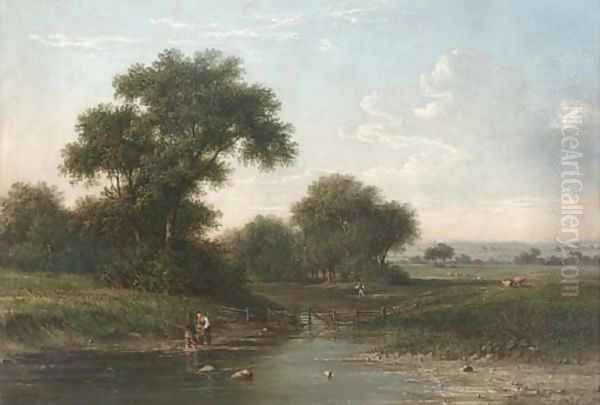 Boys fishing by a stream Oil Painting by William Heath