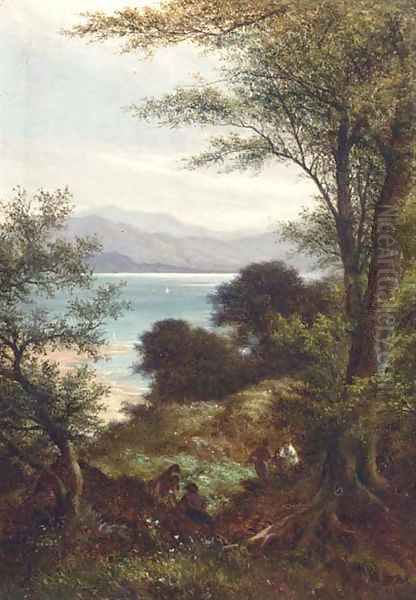 Figures in a wooded landscape, a coastal view beyond Oil Painting by William Heath