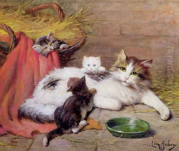 Cat with kittens Oil Painting by Leon Charles Huber