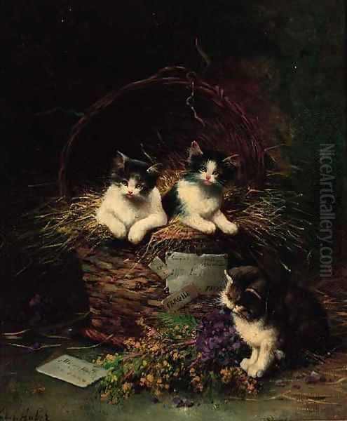 Playful Kittens Oil Painting by Leon Charles Huber