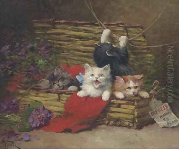 Four Kittens in a Basket Oil Painting by Leon Charles Huber