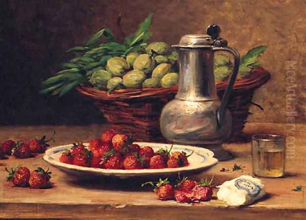 Plums In A Basket, Strawberries On A Plate, A Wine Glass, And A Pewter Jug On A Table Oil Painting by Leon Charles Huber