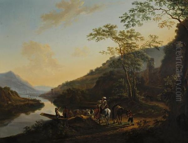 Travellers Approaching A Shore Before An Italianate River Landscape Oil Painting by Jan Both