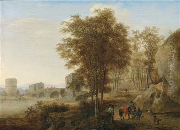 Travellers Near The Ponte Lucano Over The Anio Near Tivoli Oil Painting by Jan Both