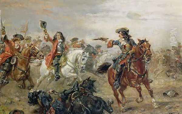 Oudenaarde A Cavalry Skirmish Oil Painting by Robert Alexander Hillingford