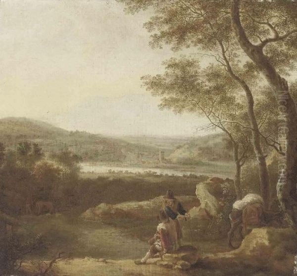 An Italianate Landscape With Travellers At Rest On A Track Oil Painting by Jan Both