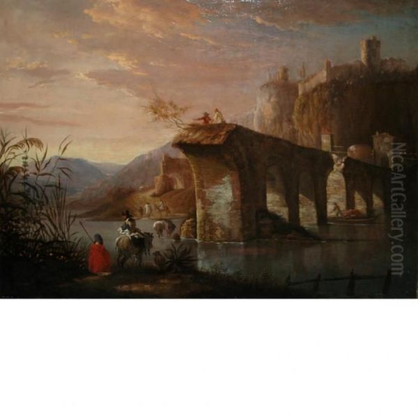 Italian Landscape With Figures Beforethe Ruins Of A Roman Bridge Oil Painting by Jan Both