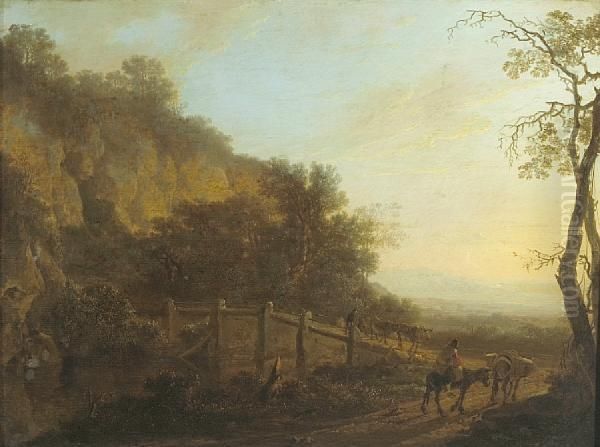 A Landscape With A Figure Riding A Donkey Inthe Foreground Oil Painting by Jan Both