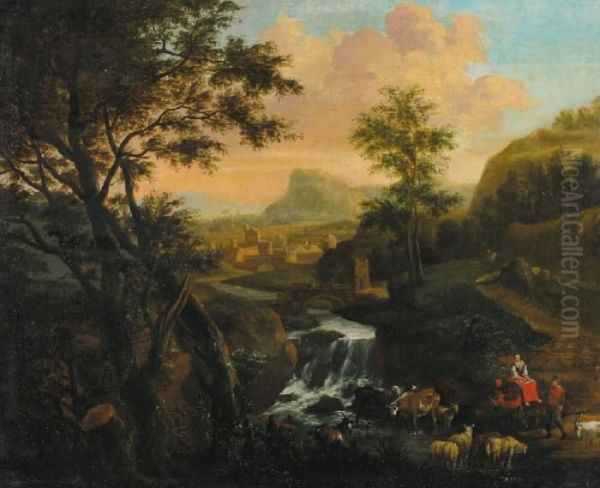 Mountain Landscapewith 
Travellers And Cattle Near A Fast Flowing Stream. A Town Atthe Horizon Oil Painting by Jan Both