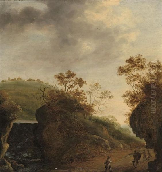 A Rocky River Landscape With Figures On A Track Oil Painting by Jan Both