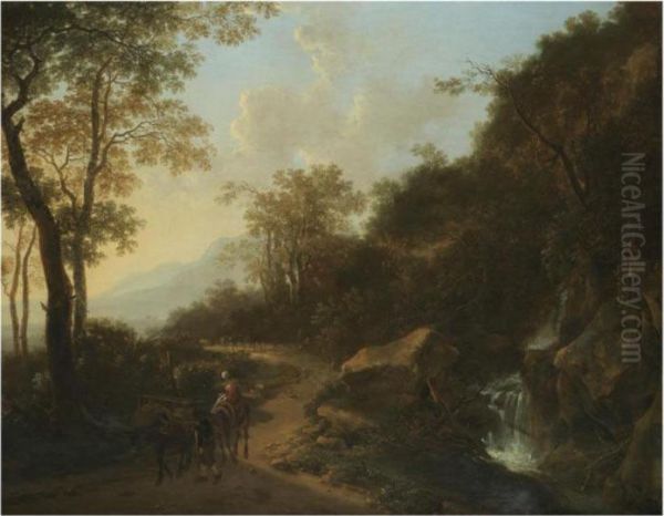 A Mountainous Italianate Landscape With Travellers Passing Astream Oil Painting by Jan Both