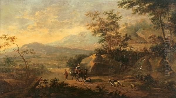 An Extensive Italianate 
Landscape Withtravelers On A Path And A Waterfall In The Foreground Oil Painting by Jan Both