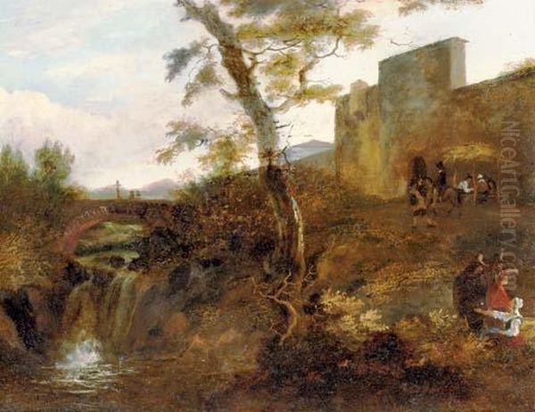 A Mountainous Italianate 
Landscape With Figures Conversing Outside A Walled Town, A Waterfall And
 Bridge Beyond Oil Painting by Jan Both