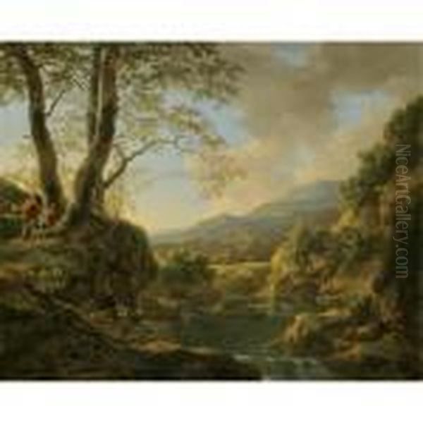 An Extensive River Landscape With Herdsmen Resting Their Goats Under A Tree Oil Painting by Jan Both