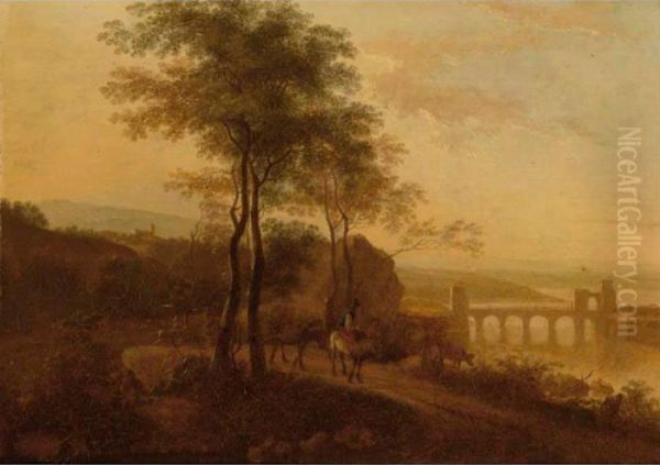 A Cowherd With His Cattle In An Italianate Landscape, A Bridge In The Distance Oil Painting by Jan Both