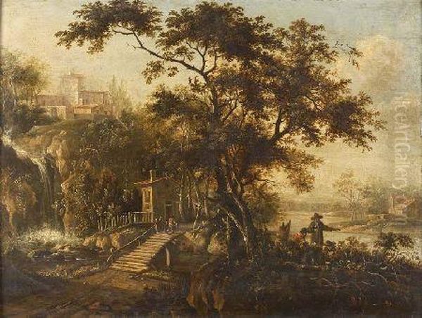 A Wooded River Landscape With Figures And Hilltop Village Oil Painting by Jan Both