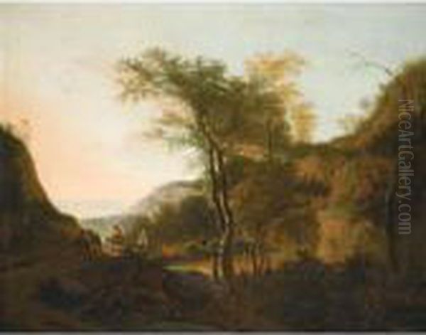 An Italianate Landscape With Drovers And Their Donkeys Oil Painting by Jan Both