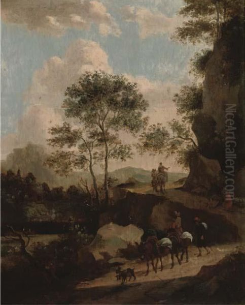 A Rocky Landscape With Travellers On A Path Oil Painting by Jan Both