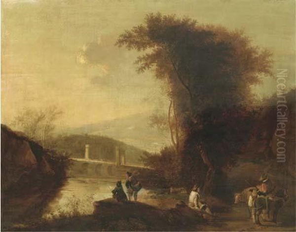 A Mountainous River Landscape With Herdsmen And Travellers On Apath Near A Bridge Oil Painting by Jan Both