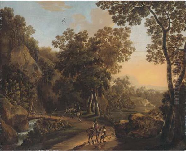 A Wooded Landscape With Travellers On A Hillside Track Oil Painting by Jan Both