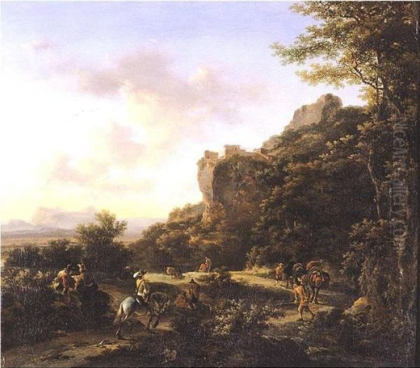 Mountainous Landscape With Travellers Along A Road Oil Painting by Jan Both