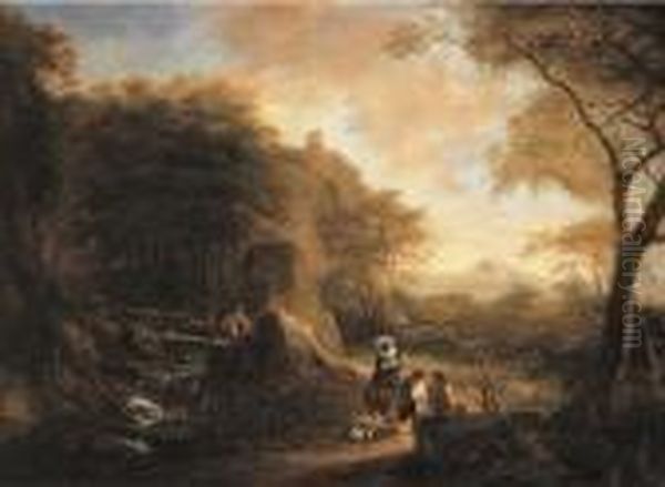 An Italianate Landscape With An 
Elegant Lady Travelling On A Pathat The Edge Of A Wood, Other Travellers
 On A Bridge Beyond Oil Painting by Jan Both