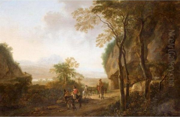 An Extensive River Landscape With Travellers On A Path In The Foreground Oil Painting by Jan Both