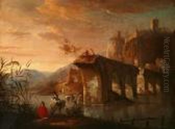 Attributed To Jan Both . Figures By An Aqueduct With A Castle In The Distance Oil Painting by Jan Both