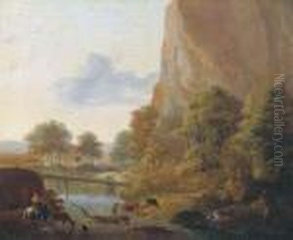 An Italianate Landscape With Muleteers Fording A River, A Sportsmanin The Distance Oil Painting by Jan Both