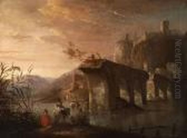 Figures By An Aqueduct With A Castle In The Distance Oil Painting by Jan Both