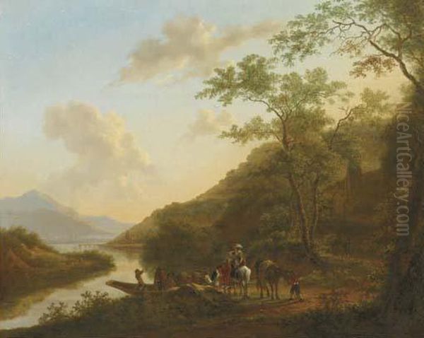 An Italianate River Landscape With Travellers By A Ferry Oil Painting by Jan Both