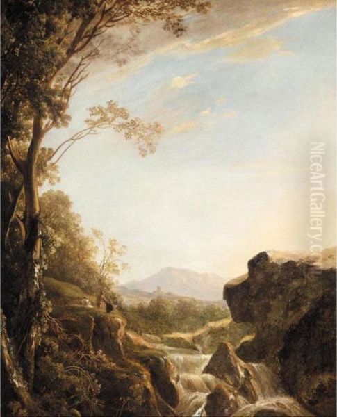 An Italianate Landscape With An Artist Sketching Beside A Cascade Oil Painting by Jan Both