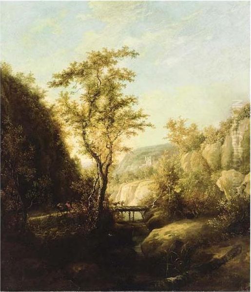 A Mountainous Landscape With Travellers On A Bridge Oil Painting by Jan Both