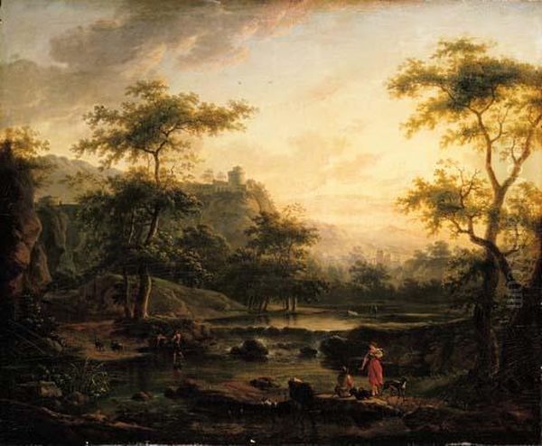 A River Landscape With A 
Washerwoman And A Herder Resting, Two Men On A Boat, A City And 
Mountains Beyond Oil Painting by Jan Both