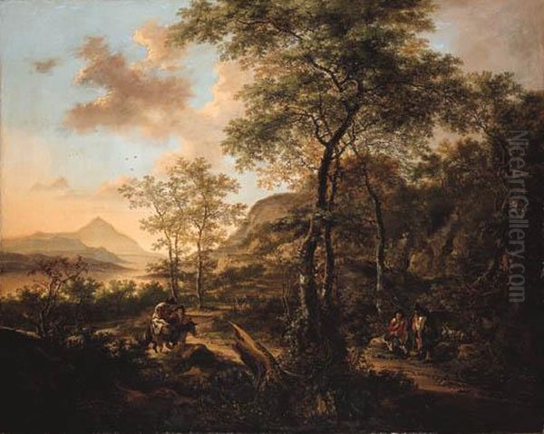 An Italianate Evening Landscape 
With A Muleteer And Goatherds On A Wooded Path, A River And Mountains 
Beyond Oil Painting by Jan Both