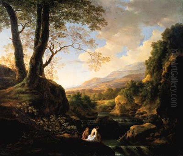 An Italianate Landscape With Bathers At A River Oil Painting by Jan Both