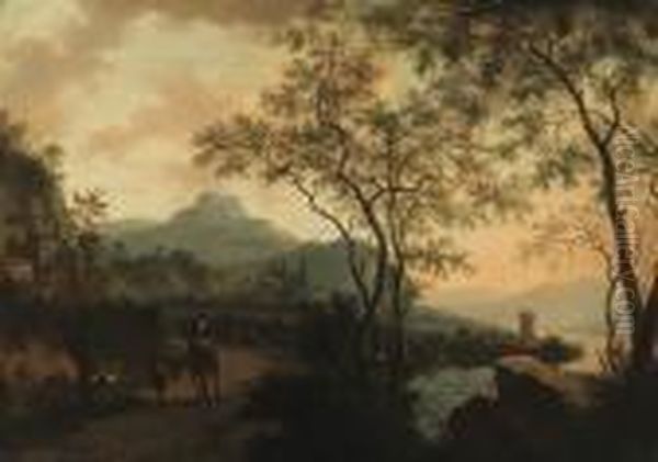 A Mountainous River Landscape With Travellers On A Path Oil Painting by Jan Both