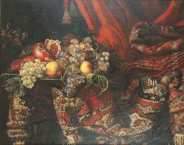 Grapes, peaches and pomegranates on a pewter platter by an oriental carpet Oil Painting by Jacques Hupin