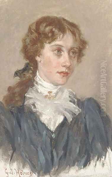 Portrait of a young lady, bust-length, in a black dress and white shirt Oil Painting by George Holmes