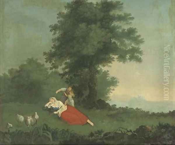 A shepherdess and children in an extensive landscape Oil Painting by George Holmes