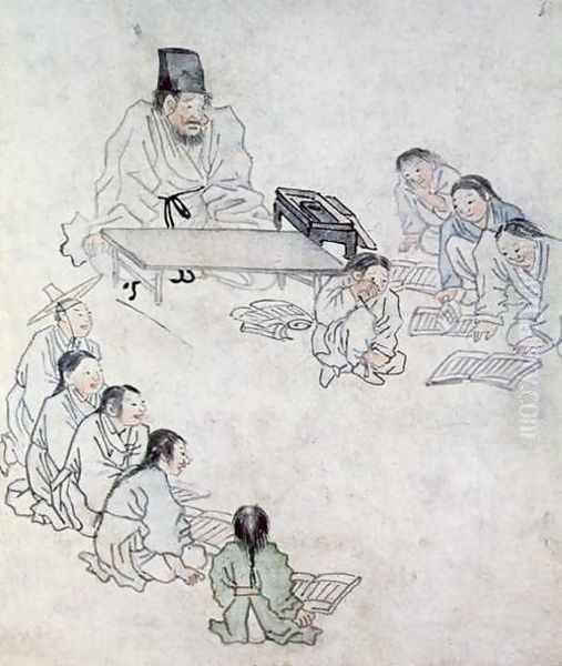 A Confucian Classroom Sodang Oil Painting by Kim Hong-Do