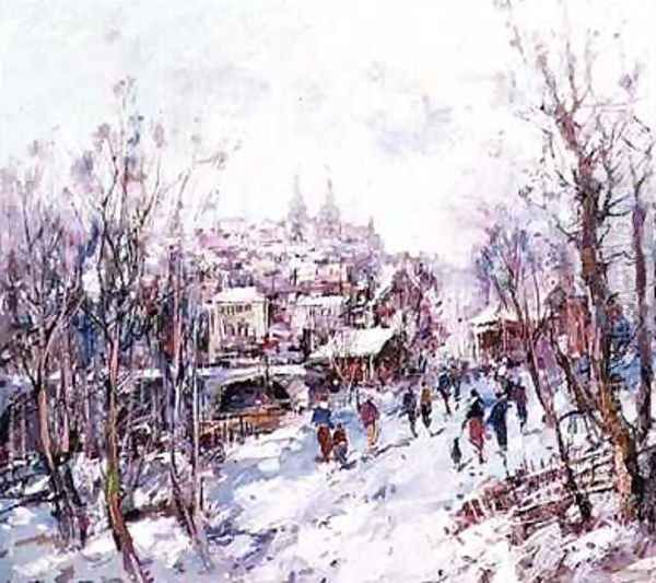 Winter Scene in a French Cathedral Town Oil Painting by Heinrich Hansen