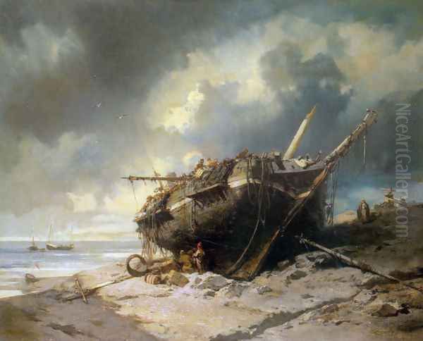 Dismantling a Beached Shipwreck Oil Painting by Charles Hoguet