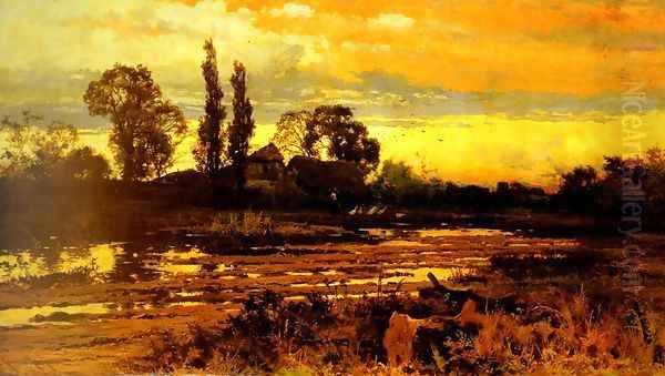 Sunset: a Figure feeding Geese in a Marsh Landscape Oil Painting by John Horace Hooper