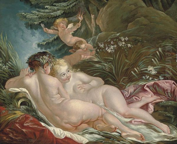 Nymphs Bathing Attended By Putti Oil Painting by Francois Boucher