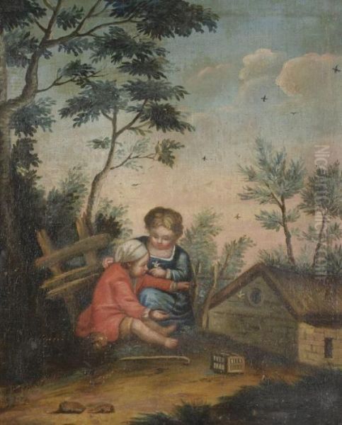 Children Playing Near A Cottage Oil Painting by Francois Boucher