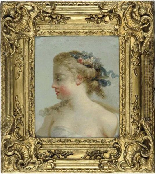 Head Of A Woman Wearing A Flower Garland Oil Painting by Francois Boucher