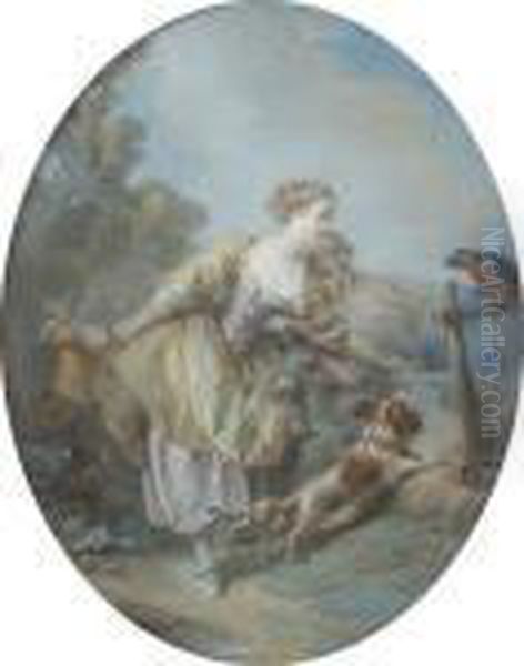 Deux Jeunes Filles Avec Un Perroquet Et Un Chien Oil Painting by Francois Boucher