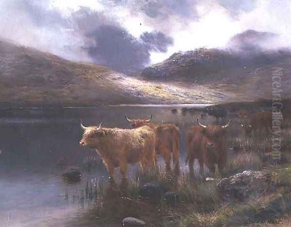 Highland Cattle by a Loch Oil Painting by Louis Bosworth Hurt