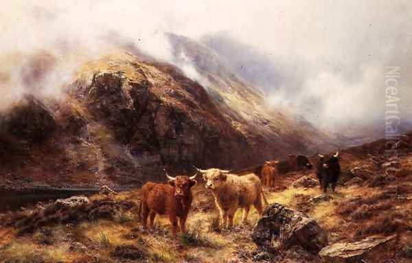 Highland Cattle in a Mountainous Landscape Oil Painting by Louis Bosworth Hurt